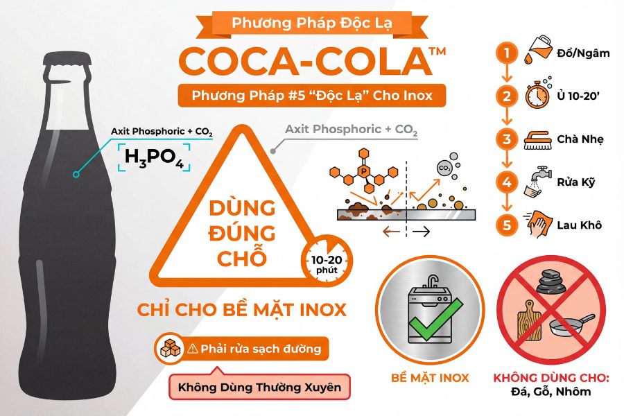 Axit nhẹ trong Coca-Cola có khả năng làm sạch rỉ sét và dầu mỡ trên bề mặt inox, tuy nhiên cần lưu ý rửa sạch lại với nước để tránh thu hút côn trùng.