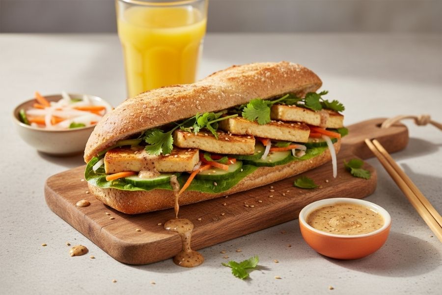 Bánh mì kẹp đậu hũ áp chảo cho bữa sáng.