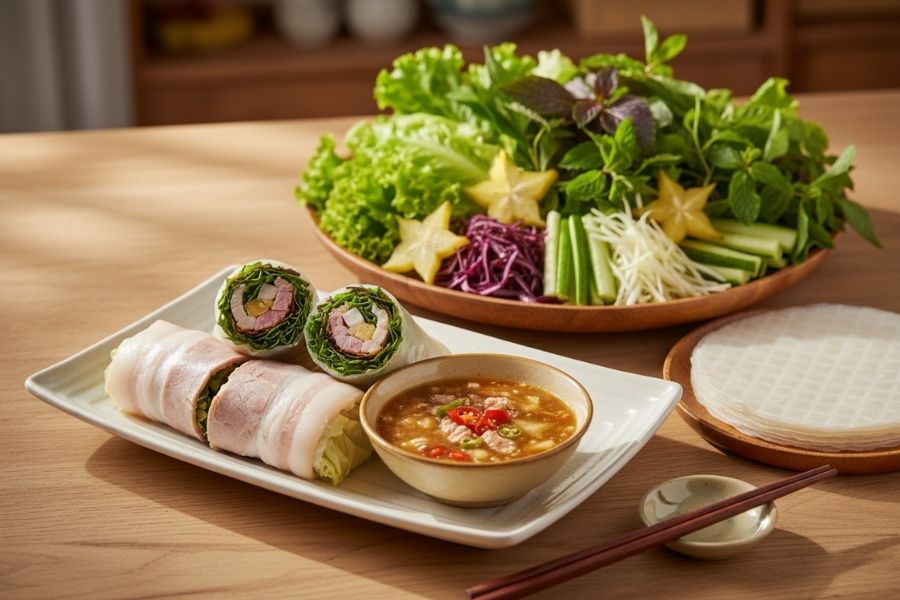 Bánh tráng cuốn thịt heo hai đầu da chấm mắm nêm.