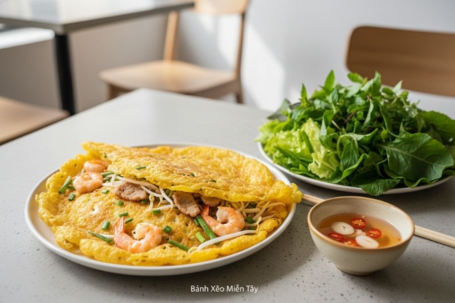 Bánh xèo miền Tây chảo lớn vàng rực.