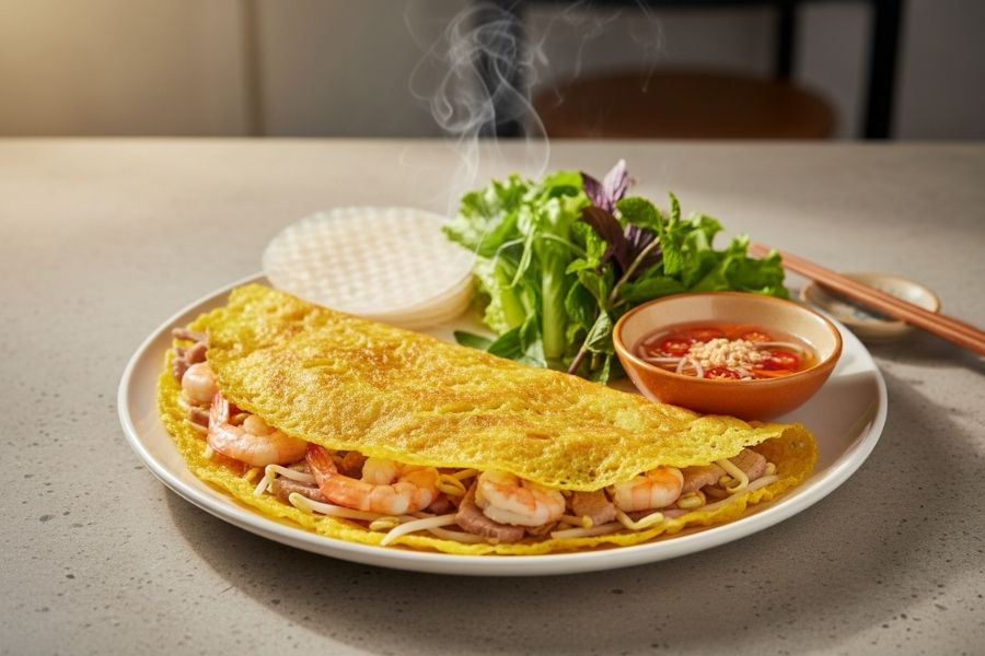 Bánh xèo miền Trung vỏ giòn, cuốn rau sống.