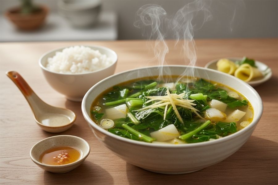 Bát canh cải xanh nấu cá rô đồng gừng tươi.