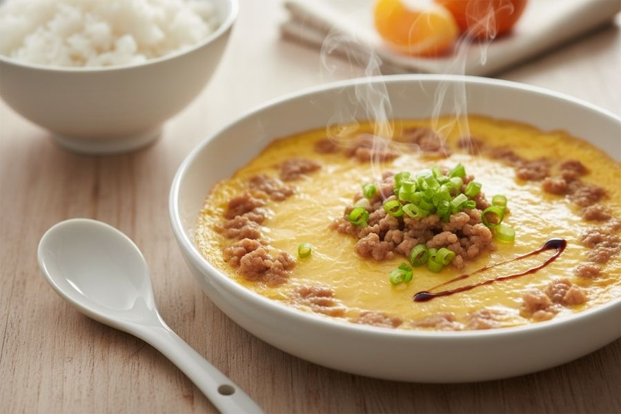 Bát thịt băm chưng trứng hấp nồi cơm tiện lợi.