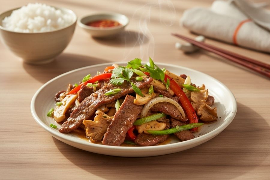 Bò mềm xào nấm hương giữ nguyên vị ngọt tự nhiên.