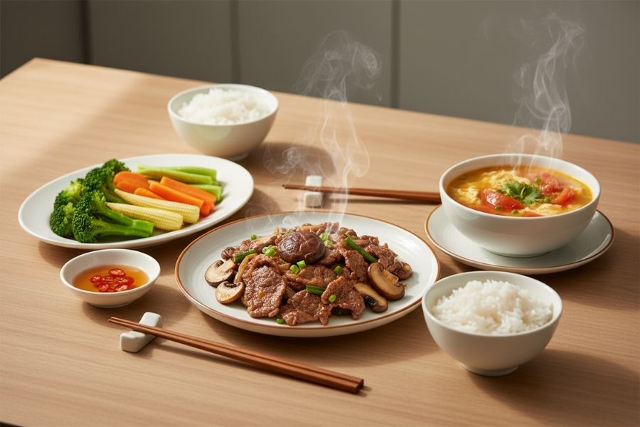 Bò xào nấm - Rau củ luộc - Canh cà chua trứng.