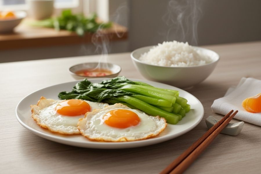 Bữa ăn sinh viên: Trứng chiên và rau luộc.