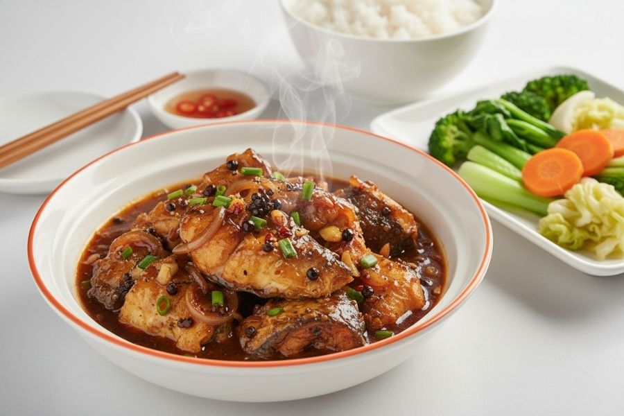 Bữa cơm cân bằng với cá kho và rau xanh.