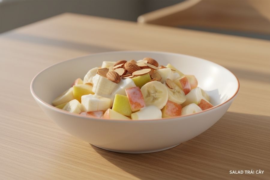 Bữa tối nhẹ với salad trái cây và các loại hạt.