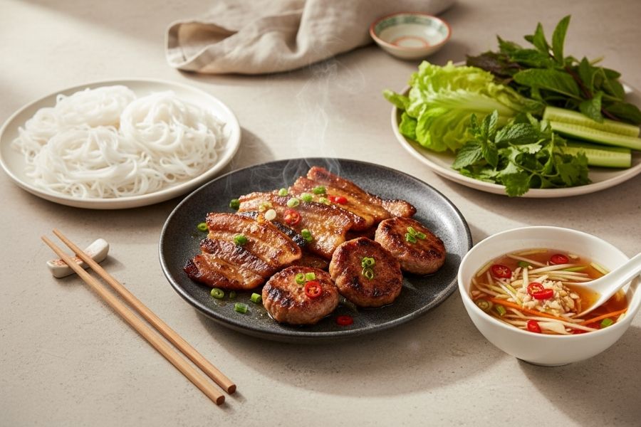 Bún chả thịt nướng thơm lừng.