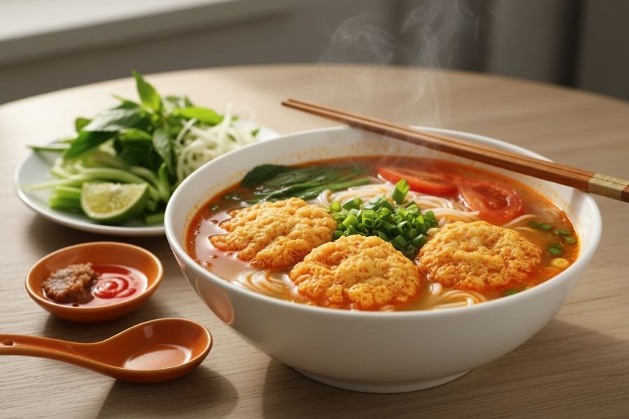 Bún riêu cua đồng, giấm bỗng chua thanh.