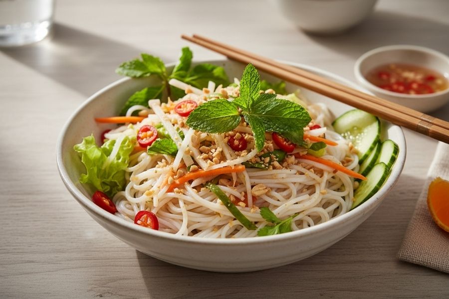 Bún trộn mắm tỏi ớt đơn giản mà ngon.