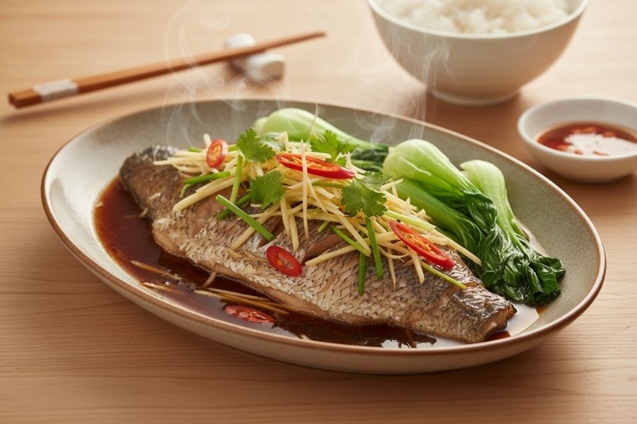 Cá chẽm hấp xì dầu, thịt trắng ngần ngọt lịm.