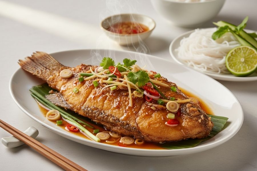 Cá chiên giòn rưới mắm gừng cay nồng.