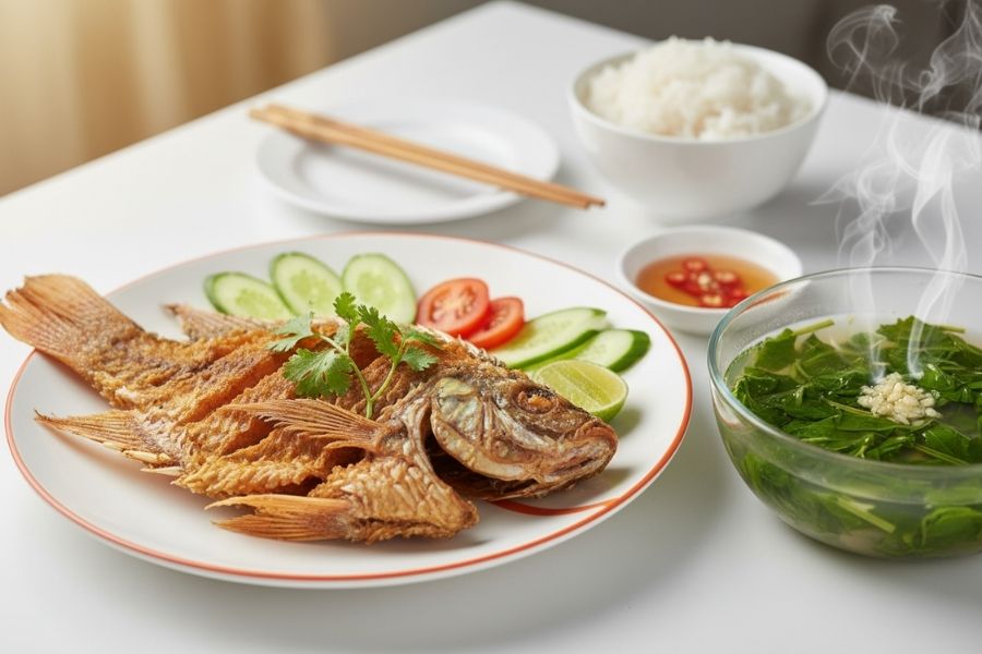 Cá diêu hồng chiên giòn tan ăn cùng canh rau ngót.