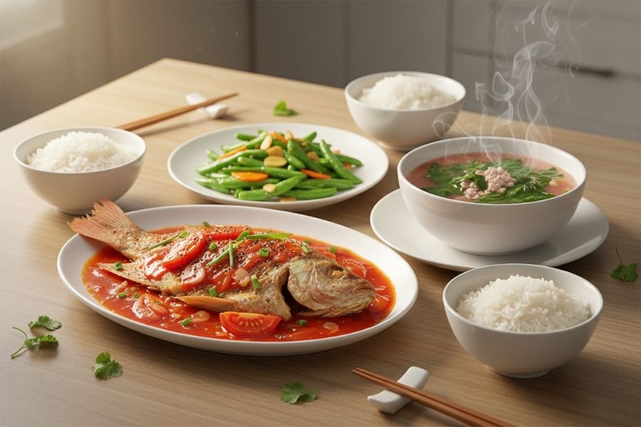 Cá diêu hồng sốt cà - Đậu que xào - Canh rau dền.