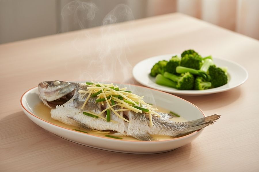 Cá hấp hành gừng ấm bụng dễ tiêu.