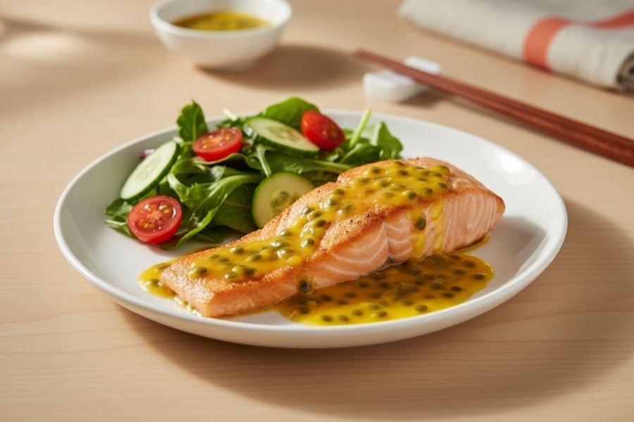 Cá hồi áp chảo sốt chanh dây sang chảnh.