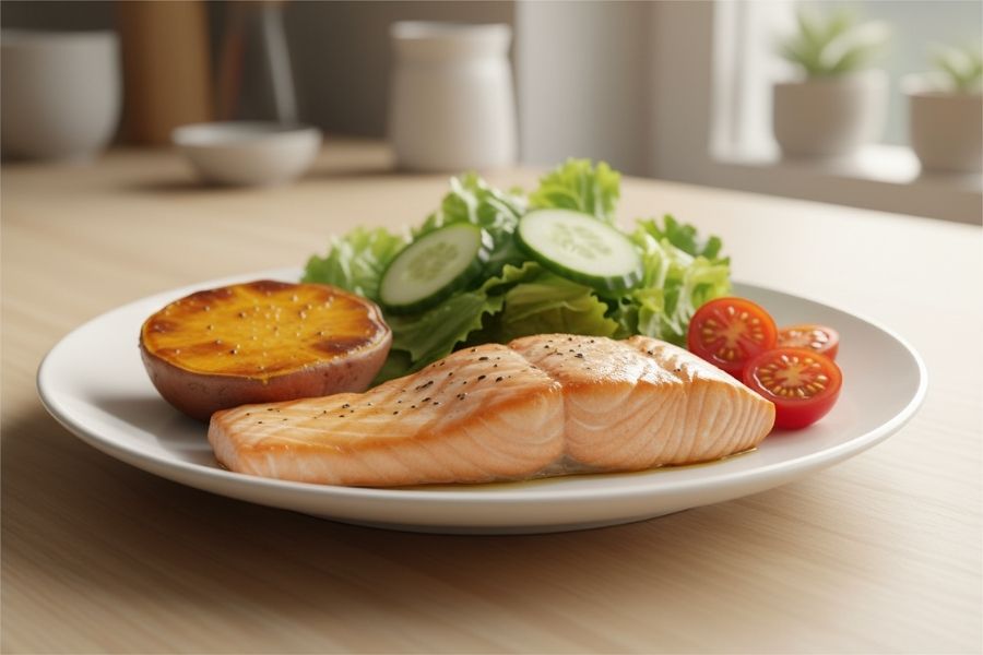 Cá hồi nướng kèm salad, bữa tối giàu Omega-3.