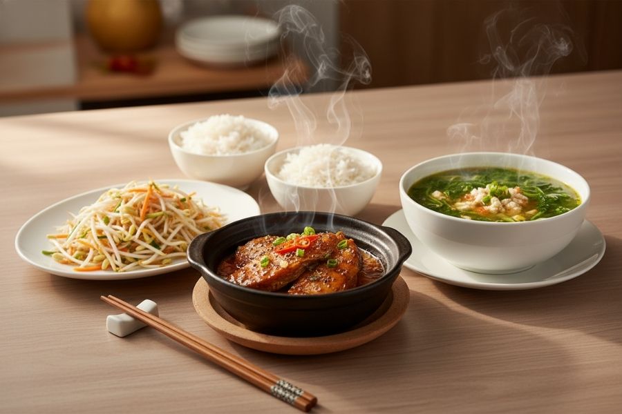 Cá kho tộ - Canh cua rau đay - Dưa giá.