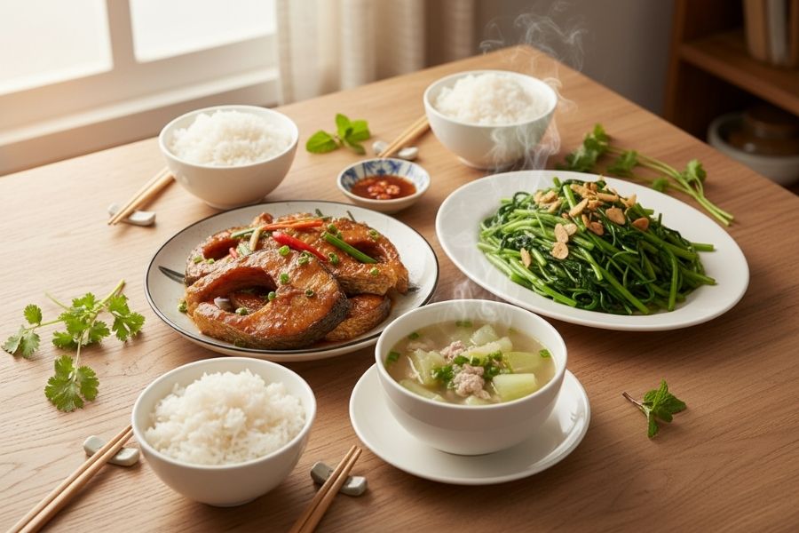 Cá lóc kho - Rau muống xào - Canh bí xanh.