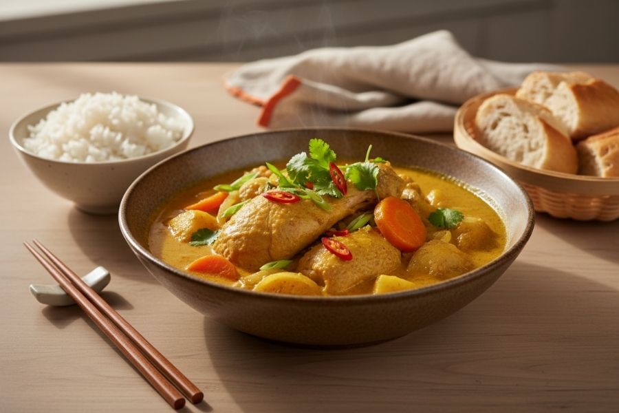 Cà ri gà nấu nhanh, béo ngậy nước cốt dừa.