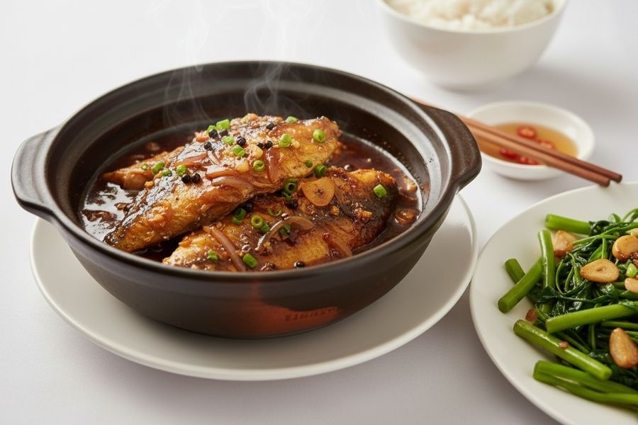 Cá rô đồng kho tộ và rau muống xào tỏi.