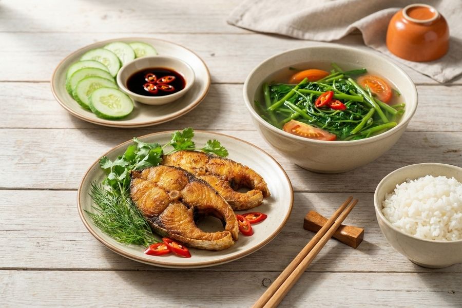 Cá thu chiên vàng giòn rụm chấm nước tương tỏi ớt.