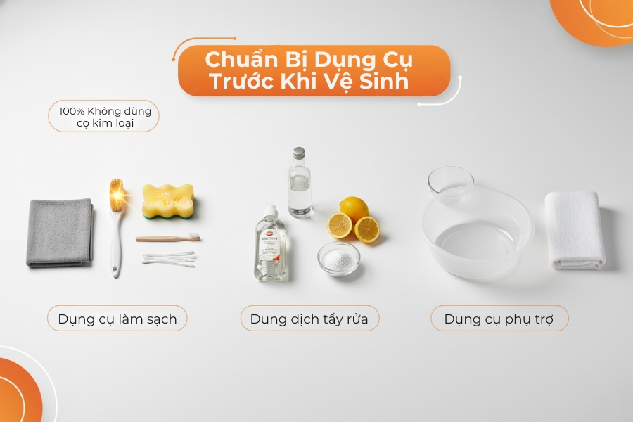 Các dụng cụ và dung dịch cần chuẩn bị trước khi vệ sinh nồi chiên không dầu philips.