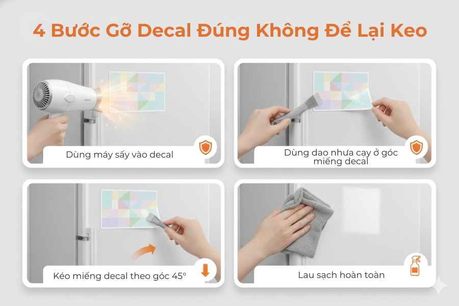 Cách gỡ decal đúng cách không để lại keo dính trên bề mặt tủ lạnh.