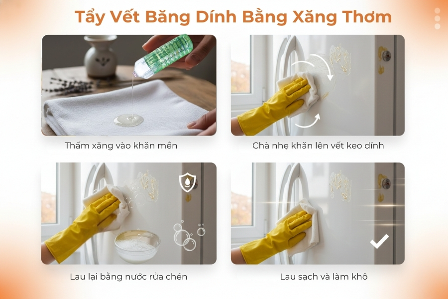 Cách tẩy vết băng dính bằng xăng thơm.