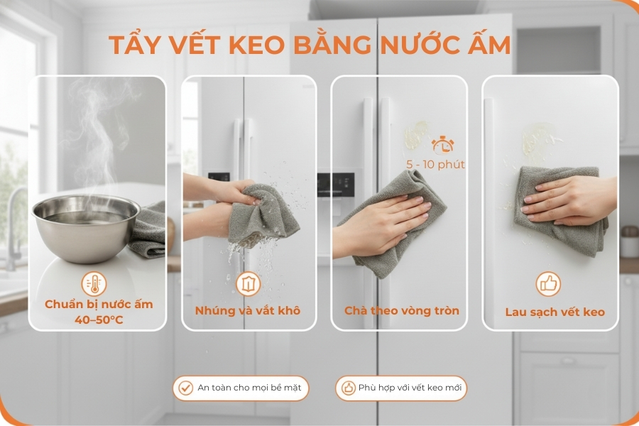 Cách tẩy vết keo dính trên tủ lạnh bằng nước ấm đơn giản.