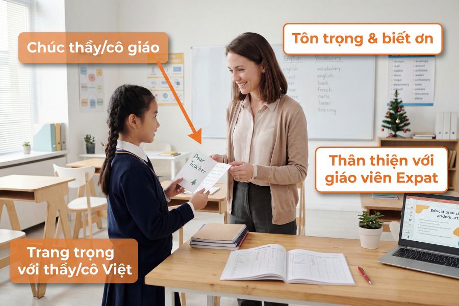 Cần thể hiện sự tôn trọng và biết ơn khi chúc Giáng Sinh tiếng Anh cho giáo viên.