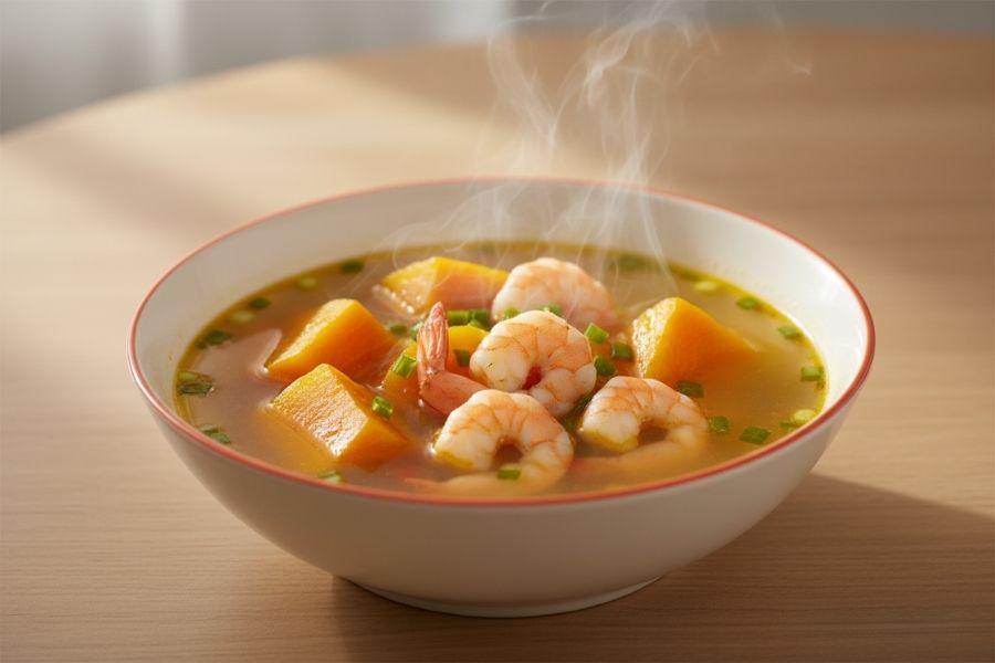 Canh bí đỏ nấu tôm tươi ngọt nước.