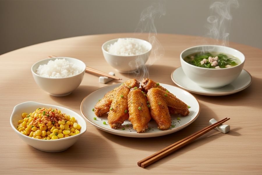 Cánh gà chiên - Bắp xào bơ - Canh rau ngót.