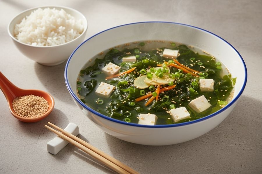 Canh rong biển đậu hũ kiểu Hàn Quốc chay.