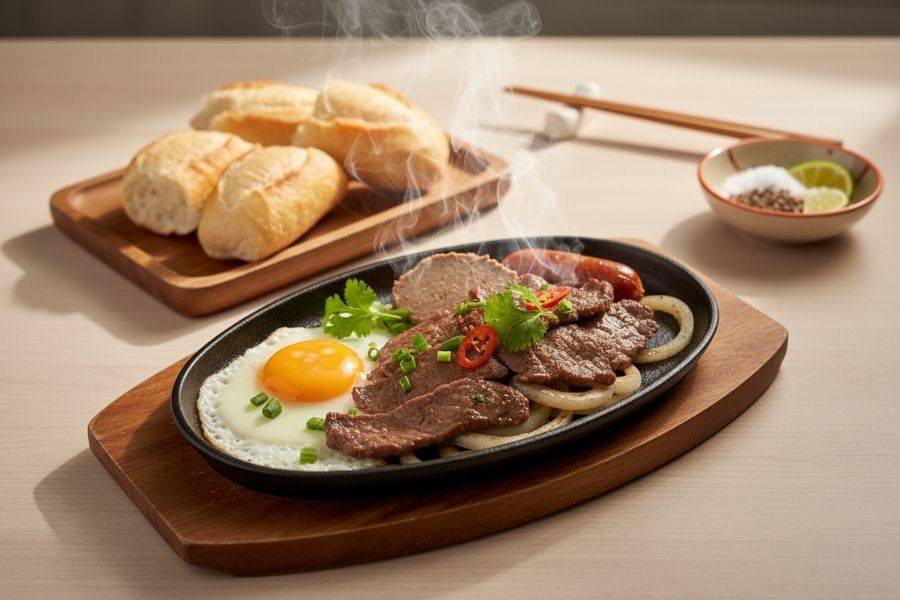 Chảo bò né nóng hổi ăn kèm bánh mì.
