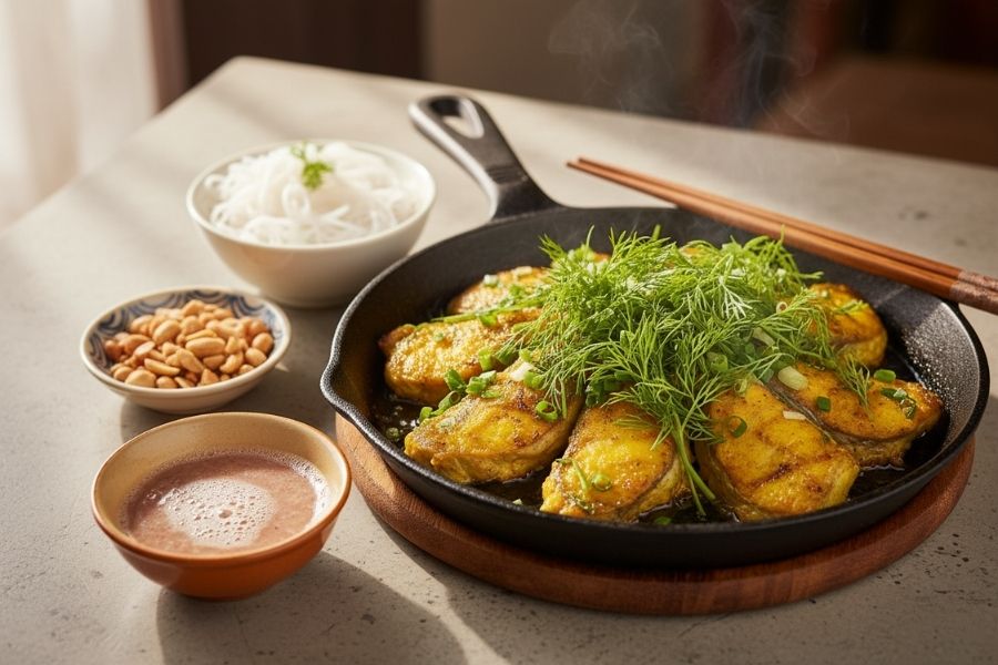 Chảo chả cá Lã Vọng vàng ươm thì là.