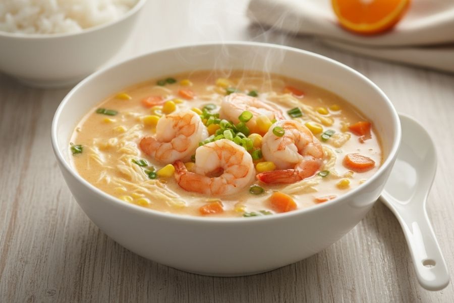 Chén súp tôm trứng nóng hổi, nhẹ bụng.