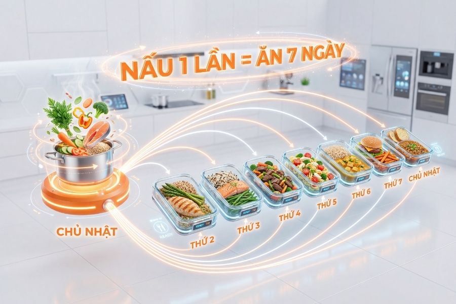Chuẩn bị bữa ăn trước giúp tiết kiệm 5-10 phút mỗi ngày, kiểm soát chi phí hiệu quả.