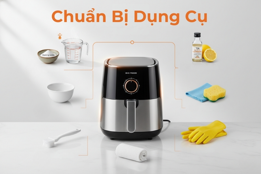 Chuẩn bị các dụng cụ cần thiết trước khi vệ sinh.