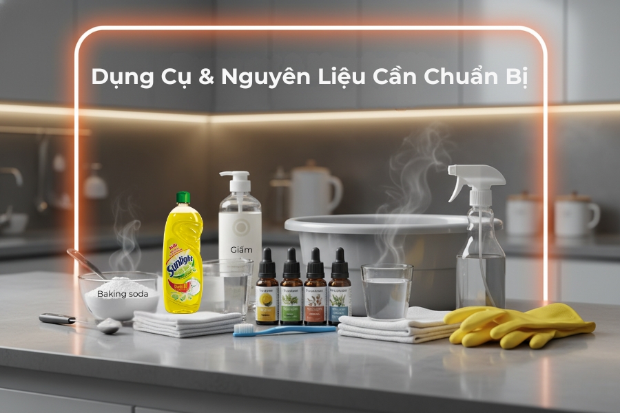 Chuẩn bị các nguyên liệu và dụng cụ trước khi tiến hành vệ sinh tủ lạnh.