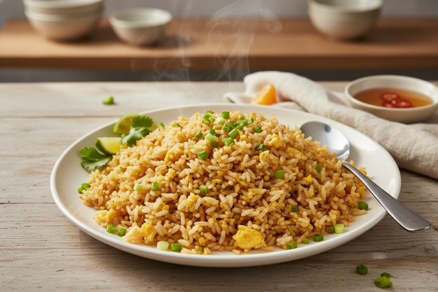 Cơm chiên trứng vàng ươm tận dụng cơm nguội.