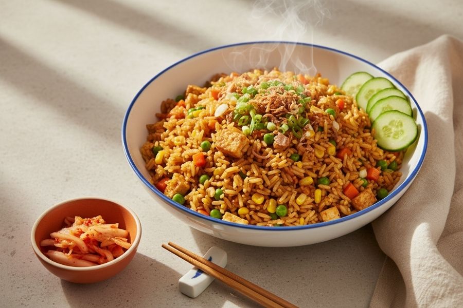 Cơm rang rau củ chay đầy màu sắc.