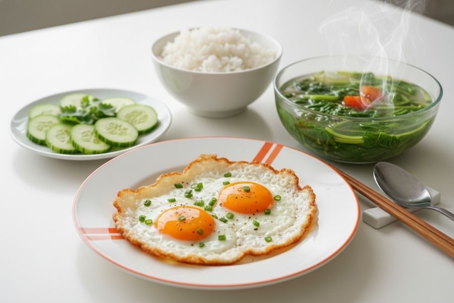 Combo kinh điển: Trứng chiên và canh rau đơn giản.