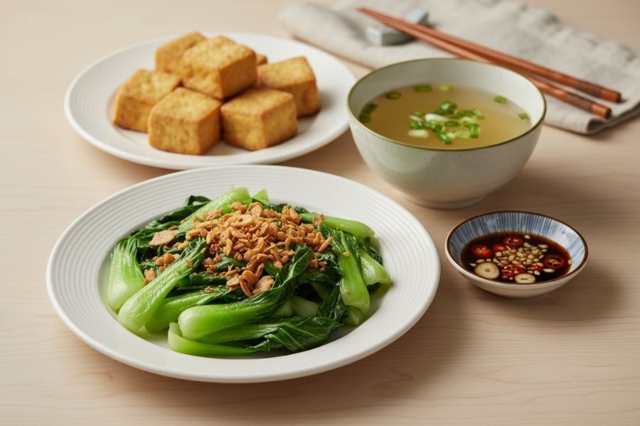 Combo thanh đạm: Cải thìa xào tỏi và đậu hũ chiên giòn.