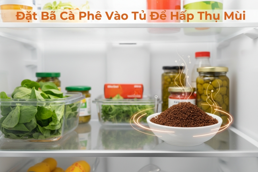 Đặt bã cà phê phơi khô hoàn toàn vào tủ lạnh giúp hấp thụ mùi mạnh mẽ.