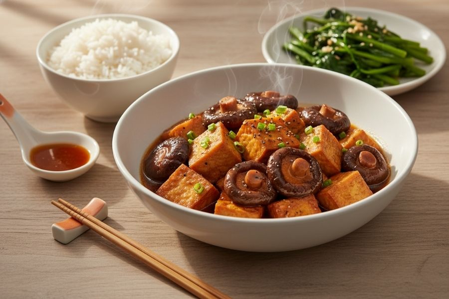 Đậu hũ kho nấm hương đậm đà.