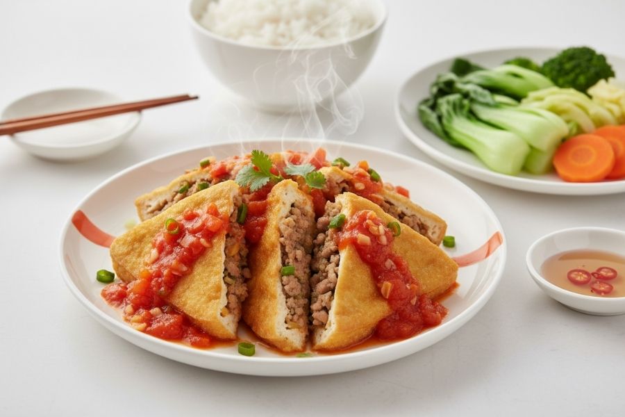 Đậu hũ nhồi thịt sốt cà chua đẫm sốt.