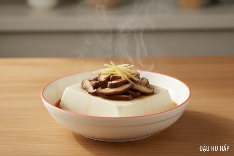 Đậu hũ non hấp nấm thanh đạm.
