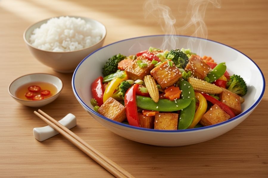 Đậu hũ xào rau củ đủ màu.